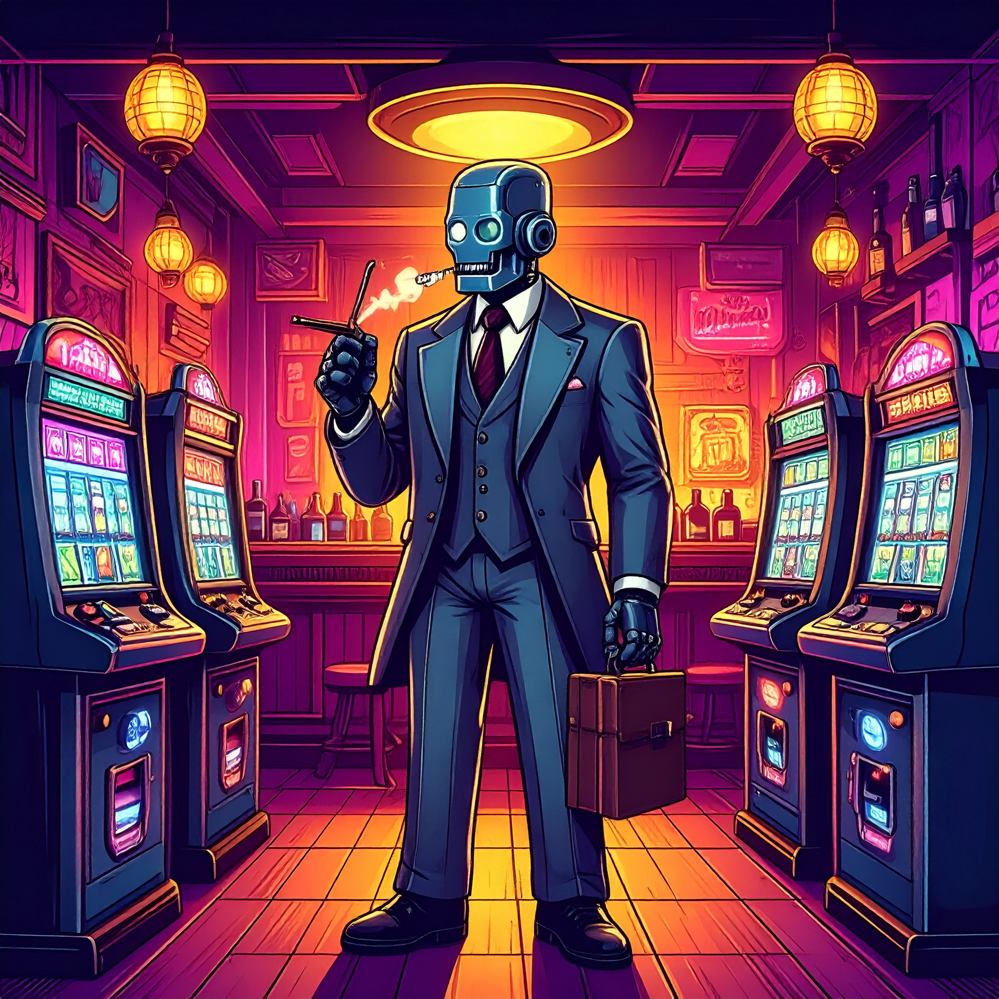 Robot gangster in a neon-lit establishment